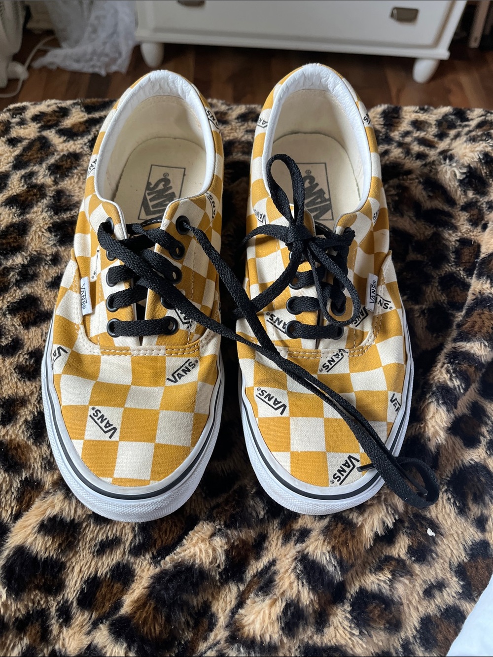 Vans mensCheckerboard Lace-Up Sneakers in Mustard and White